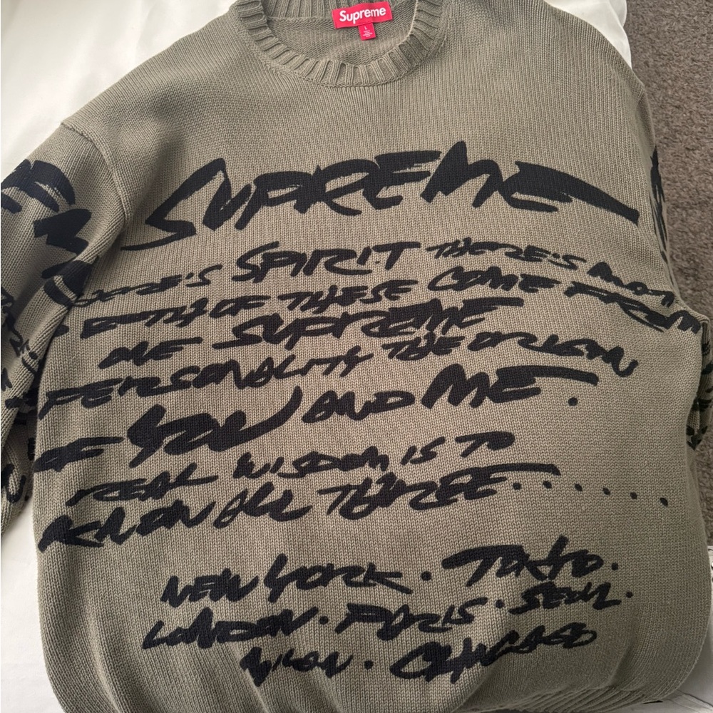 Supreme Olive Crewneck Sweater with Black Script